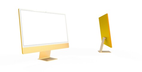 yellow Workspace blank screen desktop computer, Mockup computer gold - obrazy, fototapety, plakaty