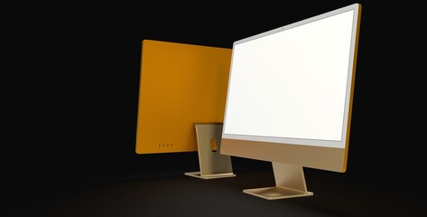 Workspace blank screen desktop computer, Mockup computer gold yellow