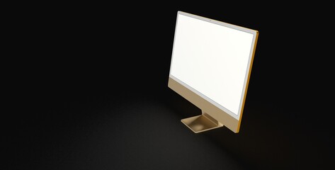 Realistic 3D Computer, with a white screen, isolated on a background dark gold