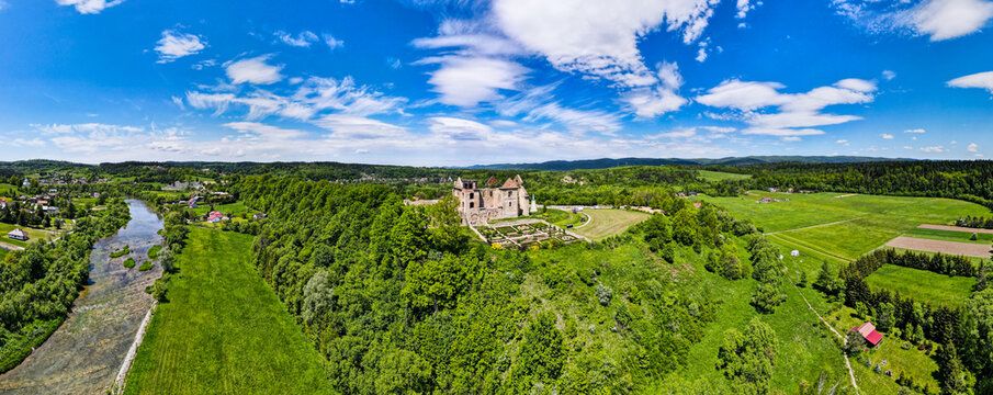 Zagorz Discalced Carmelite Monastery. Drone Aerial Panorama