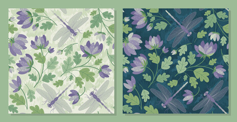 Summer lilac flowers, garden  and dragonflies  -  set of Seamless patterns in a flat style. Spring mood. Vector Background for fabric, textile, wallpaper, poster, web site, card, gift wrapping paper 