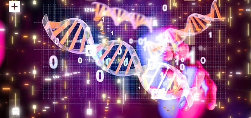 Abstract luminous DNA molecule. Hand of doctor touching and cut dna for checking with analysis chromosome DNA genetic of human on virtual interface. Medicine, Medical science and ... Mehr anzeigen.