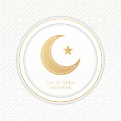 Eid Al Adha Mubarak Islamic Greeting Card White Golden Elegant Ornament Pattern Luxury background