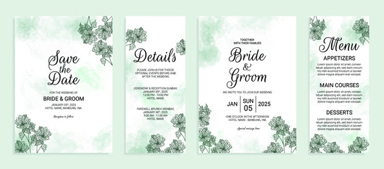 wedding invitation card template set with watercolor background and hand drawn floral decoration