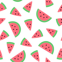 Watermelon slices. Seeds in the form of hearts. Vector summer seamless pattern.