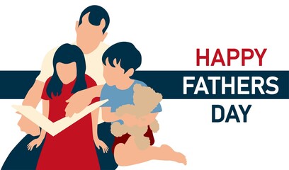 Happy father spends time with children. Reads a book to his son and daughter. Fathers day postcard. Congratulations to dads. June 19. Flat illustration.