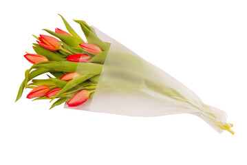 bouquet of red tulips in  the package,  flowers in plastic wrap, romantic gift in cellophane, packed beautiful present