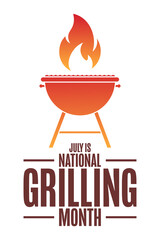 July is National Grilling Month. Holiday concept. Template for background, banner, card, poster with text inscription. Vector EPS10 illustration. - obrazy, fototapety, plakaty