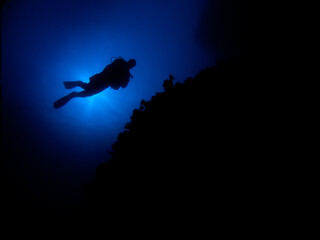 Silhouette of a diver backlit against the sun.