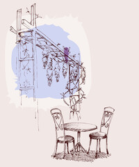 City restaurant table under wisteria shrubs, vector sketch