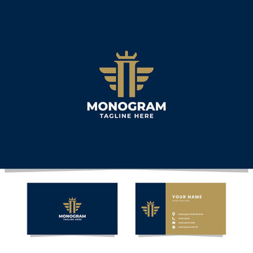 Simple and minimalist gold letter N monogram initial logo with wings and crown in blue background