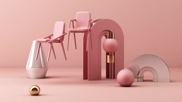 Armchair seat and chair with Geometric shape pastel colour 3d rendering 