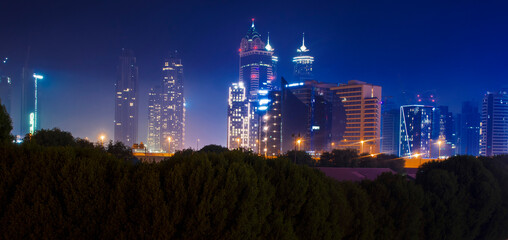 Dubai, UAE - 06.04.2021 Business bay district at night. Urban