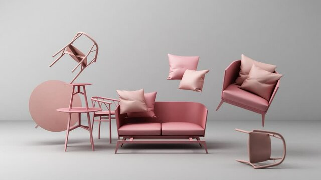 Armchair seat and chair with Geometric shape pastel colour 3d rendering 