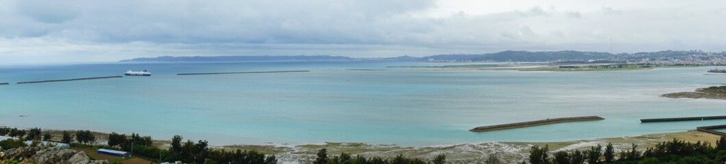 Aerial view from Katsuren castle ruins in Okinawa, Japan. Panoramic view - 勝連城跡からの眺望 沖縄 日本 パノラマ