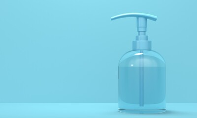 Transparent bottle mockup for antiseptic on blue background. 3d rendering