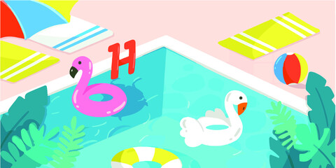 Sunny Summer Swimming Pool Banner Doodle Illustration