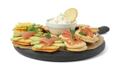 Different snacks with salted crackers on white background