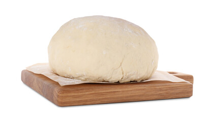 Fototapeta na wymiar Fresh raw wheat dough on wooden board against white background