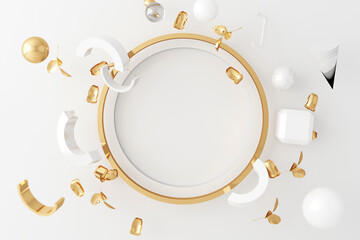 Mock up composition of white geometric shape gold and glass texture with gold plant flower and leaf ,podium for product design, 3d rendering, 3d illustration