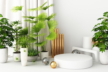 Mock up composition of white geometric shape gold and glass texture with plant flower and leaf ,podium for product design, 3d rendering, 3d illustration