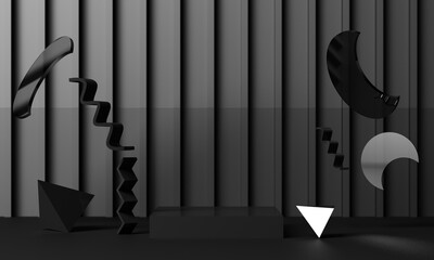 Position the geometric shapes with shiny black textures and mirrors on a black background. 3d render