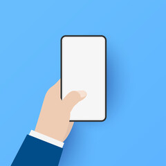 Hand holding phone and finger touches screen on blue background. Modern Flat design illustration. Vector illustration. Business concept