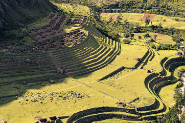 Aerial distant view of Llactapata ruins on inca trail to Machu Picchu archaeological site from the...