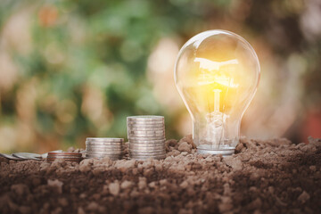 Energy saving light bulb on soil and money stacking of coins look like saving money for electricity, life energy on natural bokeh background.