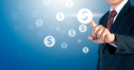 Businessman pointing dollar currency icon, Successful money financial investment concept