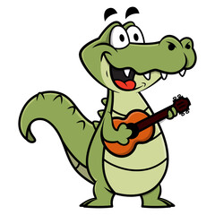 Funny Alligator cartoon character playing ukulele guitars and singing, suitable for mascot, sticker, or decoration with music themes of children
