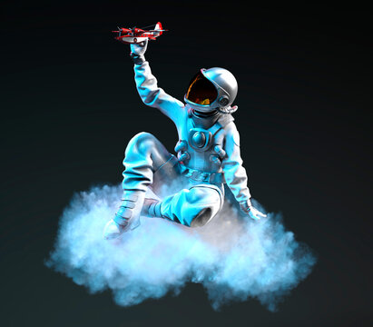 Astronaut sitting on a cloud holds a small airplane in his hand, black background. 3D illustration