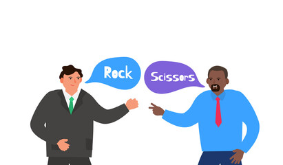 two businessmen playing rock paper scissors vector illustration