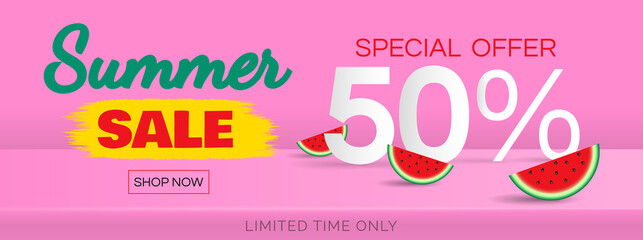 summer sale special offer web banner design with watermelon  slices on pink background vector illustration