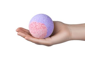 Woman holding bath bomb on white background, closeup