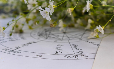 Detail of printed astrology chart with planet Neptun and small white spring flowers in the background
