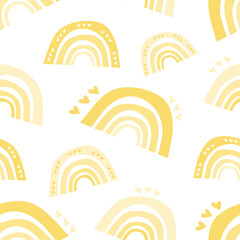 Summer seamless pattern of yellow rainbows with hearts. Scandinavian boho style, children's print, pastel colors. Boho print, texture from cute yellow rainbows for nursery. For baby fabric and textile