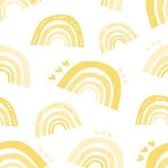 Papier peint Arc-en-ciel Modèle sans couture d& 39 été d& 39 arcs-en-ciel jaunes avec des coeurs. Style boho scandinave, imprimé pour enfants, couleurs pastel. Imprimé Boho, texture d& 39 arcs-en-ciel jaunes mignons pour la pépinière. Pour le tissu et le textile pour bébé