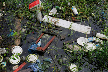 Garbage sits on floodwater in downtown Manaus during a rise of the Negro River due to heavy rains in Amazonas state, Brazil.