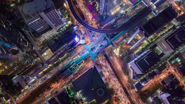 Time lapse,Hyperlapse ,Of traffic on city streets at night. Aerial view and top view of traffic on freeway.