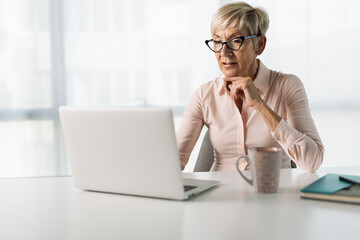 Mature businesswoman reading an e-mail on her computer in the office