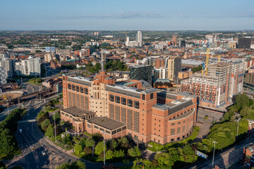 Fototapeta na wymiar Aerial View of Leeds city centre showing large council office buildings and surrounding retail stores, offices and apartments. 