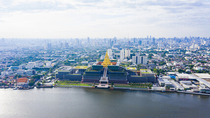 Sappaya-Sapasathan (The Parliament of Thailand), Government office, Aerial top view National Assembly with golden pagoda on the chao phraya river in Bangkok