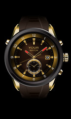 Realistic vector of clock watch chronograph grey steel gold dashboard face white number text design luxury elegance for men on black background.