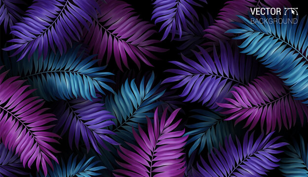 Tropical palm leaf pattern neon colored. Summer night jungle background. Tropical illustration for beach nightclub or flyer.