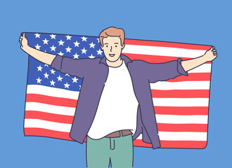 4th of July Independence Day, freedom, democracy concept. Young excited happy man holds a big USA flag and celebrating. Flat vector illustration