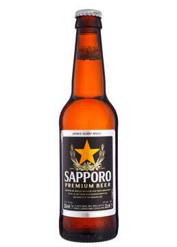 Bottle of Sapporo premium beer. Japan's Oldest Brand. The most popular Japanese beers imported into the Russia - Volgograd, Russia - June 03, 2021