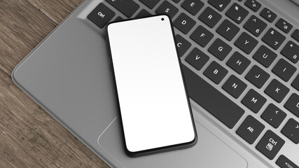 Mockup of a cell phone on a laptop keyboard. You can place your design on the screen. Ideal for presenting web designs or applications. Three-dimensional illustration.