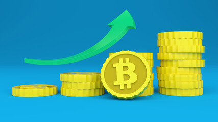 Stacks of golden Bitcoins coins, with a green arrow going up and a blue background. Representation of the rise in value. Three-dimensional illustration.