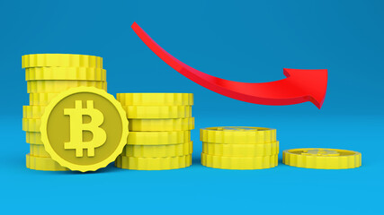 Stacks of golden Bitcoins coins, with a red arrow going down and blue background. Representation of the decline in value. Three-dimensional illustration.
